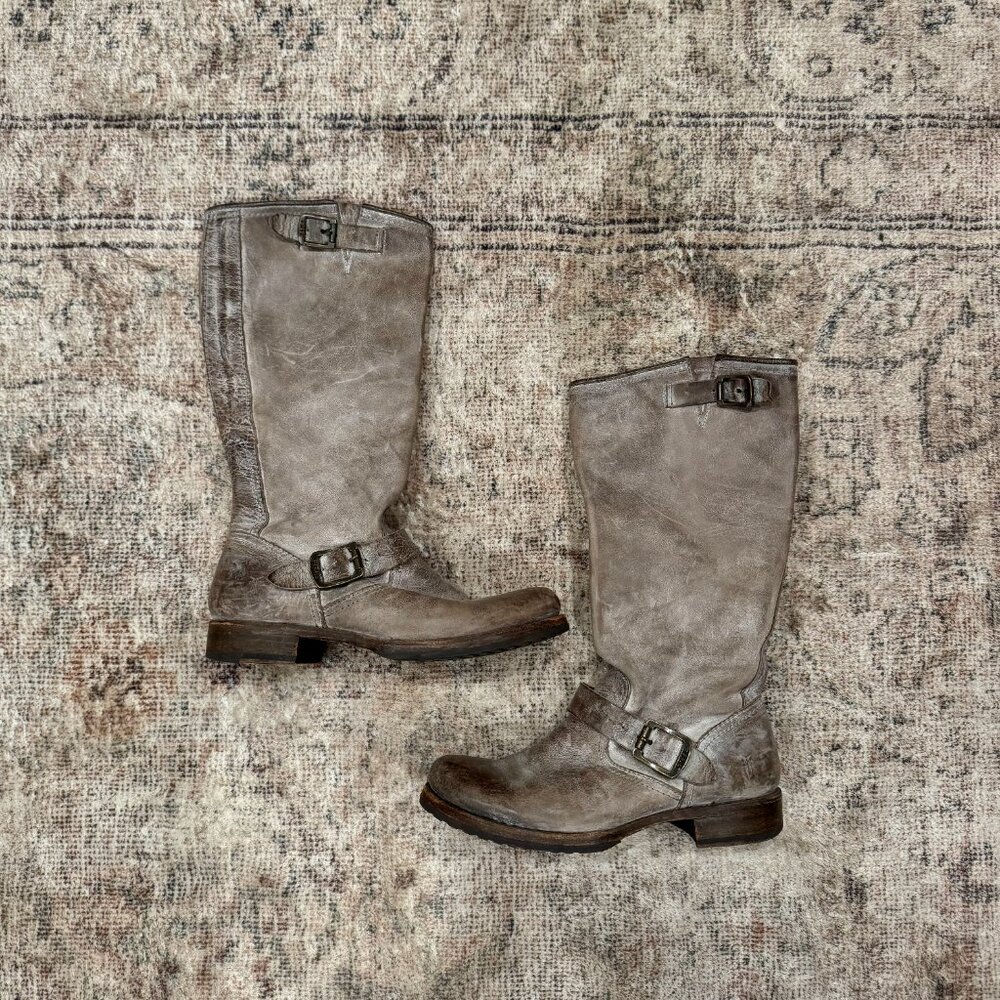 Frye Veronica Slouch Distressed Gray Brown Riding Boots